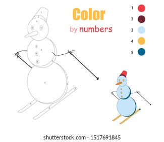 Color by numbers. Winter theme. Illustration for children. Snowman cartoon