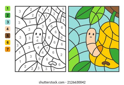 Color by numbers worm in a pear. Puzzle game for children education, colors for drawing and learning mathematics