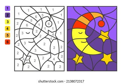 Color by numbersnight, moon and stars. Puzzle game for children education, colors for drawing and learning mathematics