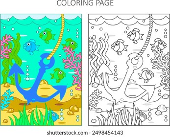 Color by sample. Coloring page with anchor and underwater scene of sea life.
