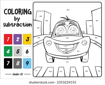 Color by subtraction, car, education game for children, Developing skills for counting, Vector image, printable