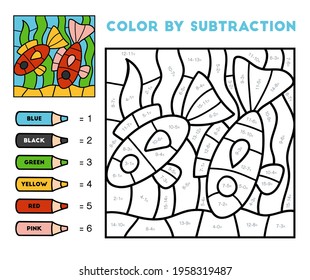 Color by subtraction, education game for children, two fish