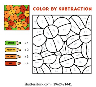 Color by subtraction, education game for children, Flowers in the garden