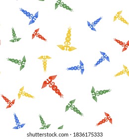 Color Caduceus medical symbol icon isolated seamless pattern on white background. Medicine and health care concept. Emblem for drugstore or medicine, pharmacy snake. Vector.