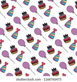 color cake candles with hats and balloons background