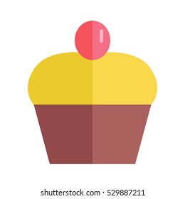 Color cake vector Illustration. Flat design. Home baking. Tasty sweet bun cover glaze with caramel cherry berry on top. Icons for bakery, confectionery, cafe advertising, menu, app pictogram.