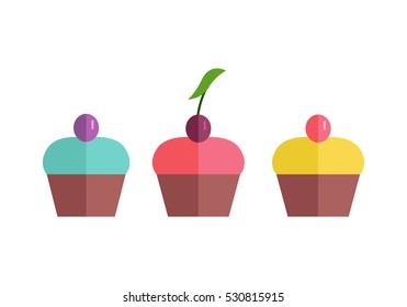 Color cakes vector Illustration. Flat design. Home baking. Three tasty sweet buns cover glaze with caramel berry on top. Icons for bakery, confectionery, cafe advertising, menu, app pictogram.