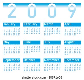 Color Calendar for 2009 in blue.