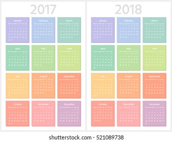 Color calendar for 2017, 2018 years. Week starts from Monday. Sans serif font