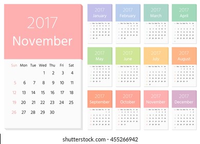 Color calendar for 2017. Week starts from Sunday. Sans serif font