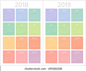 Color calendar for 2018, 2019 years. Week starts from Sunday. Sans serif font