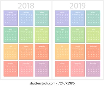 Color calendar for 2018, 2019 years. Week starts from Monday. Sans serif font
