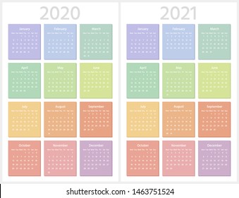 Color calendar for 2020, 2021 years. Week starts from Monday. Sans serif font