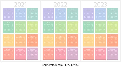 Color calendar for 2021, 2022, 2023 years. Week starts from Monday. Sans serif font