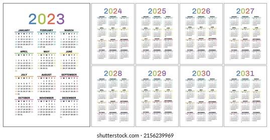 Color Calendar 2023 2024 2025 2026 Stock Vector (Royalty Free