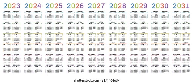 Color calendar 2023, 2024, 2025 and 2026. Colorful vector calender. Week starts on Sunday. 2027, 2028 and 2029 svg