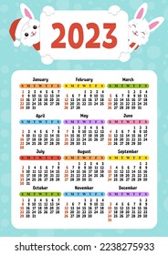 Color calendar for 2023 with a cute character rabbit. Week starts on Sunday. Fun and bright design. cartoon style. Vector illustration.