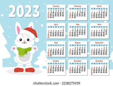 Color calendar for 2023 with a cute character rabbit. Week starts on Sunday. Fun and bright design. cartoon style. Vector illustration.