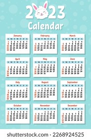 Color calendar for 2023 with a cute character rabbit. Week starts on Sunday. Fun and bright design. cartoon style. Vector illustration.