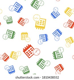 Color Calendar and clock icon isolated seamless pattern on white background. Schedule, appointment, organizer, timesheet, time management, important date. Vector.