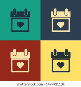 Color Calendar with heart icon isolated on color background. Valentines day. Love symbol. February 14. Vintage style drawing. Vector Illustration