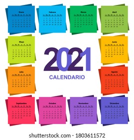 Color calendar on 2021 year with a square shape, spanish. Week starts from Monday. Vector template calendar for business on white background. square color paper