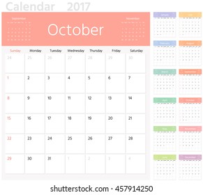 Color calendar planner for 2017 year. Week starts from Sunday. Sans serif font. 12 months set