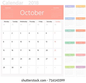 Color calendar planner for 2018 year. Week starts from Monday. Sans serif font. 12 months set