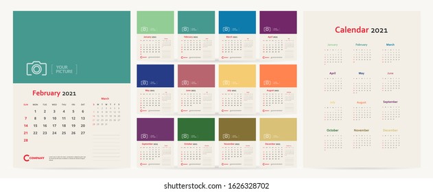 Color calendar planner for 2021. Concept and idea of vector set corporate template design of 12 months. Clean and a simple stationary template. Editable color calender page template A4, A3. Vertical. 