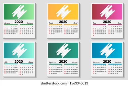 Color calendar vector design template for Year 2020, simple and clean design, Calendar 2020 for organizations and businesses, starting Sunday