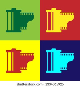Color Camera vintage film roll cartridge icon isolated on color backgrounds. Film reel icon. 35mm film canister. Filmstrip photographer equipment. Flat design. Vector Illustration 