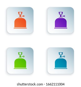 Color Camping gas stove icon isolated on white background. Portable gas burner. Hiking, camping equipment. Set colorful icons in square buttons. Vector Illustration