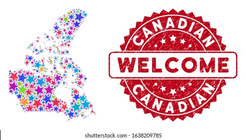 Color Canada v2 map mosaic of stars, and distress rounded red WELCOME stamp seal. Abstract territorial plan in bright color tints. Vector Canada v2 map is shaped with color stars.