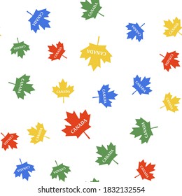 Color Canadian maple leaf with city name Canada icon isolated seamless pattern on white background. Vector.