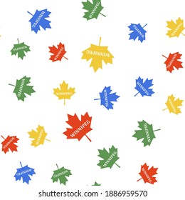 Color Canadian maple leaf with city name Winnipeg icon isolated seamless pattern on white background. Vector.