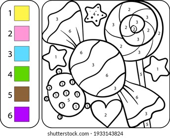 Color candies and lollipops by numbers. Beautiful coloring book for children. Worksheet for education
