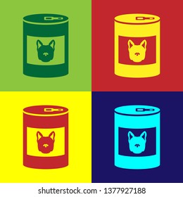 Color Canned food for dog icon isolated on color backgrounds. Food for animals. Pet dog food can. Vector Illustration