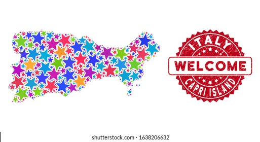 Color Capri Island map composition of stars, and distress round red WELCOME stamp seal. Abstract territory plan in colorful color hues. Vector Capri Island map is done of colorful stars.