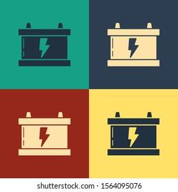 Color Car battery icon isolated on color background. Accumulator battery energy power and electricity accumulator battery. Lightning bolt. Vintage style drawing. Vector Illustration
