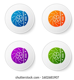Color Car brake disk with caliper icon isolated on white background. Set icons in circle buttons. Vector Illustration