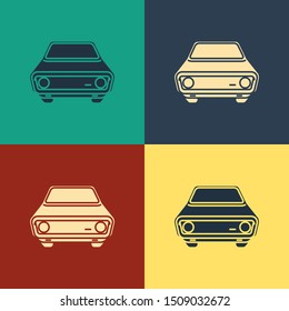 Color Car icon isolated on color background. Front view. Vintage style drawing. Vector Illustration