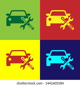 Color Car with screwdriver and wrench icon isolated on color background. Adjusting, service, setting, maintenance, repair, fixing.  Vector Illustration