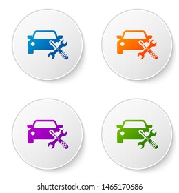 Color Car with screwdriver and wrench icon isolated on white background. Adjusting, service, setting, maintenance, repair, fixing. Set icons in circle buttons. Vector Illustration