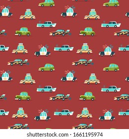 Color Car Seamless Pattern. Flat Vector illustration with
 Police, Taxi and Retro Car.