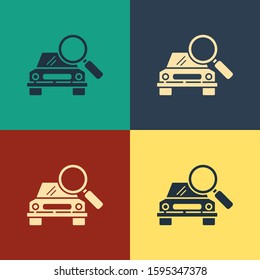 Color Car search icon isolated on color background. Magnifying glass with car. Vintage style drawing. Vector Illustration