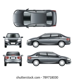 Color car sedan in different point of views vector template. Car transport model illustration