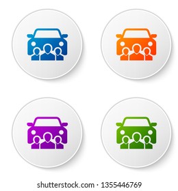 Color Car sharing with group of people icon isolated on white background. Carsharing sign. Transport renting service concept. Set color icon in circle buttons. Vector Illustration