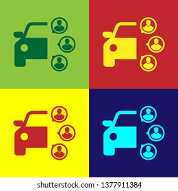 Color Car sharing with group of people icon isolated on color backgrounds. Carsharing sign. Transport renting service concept. Flat design. Vector Illustration