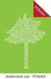 color card with ecology theme, vector tree made of white letters on green background with text,creative computer design
