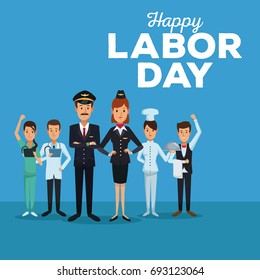 color card of happy labor day with full body people of different professions